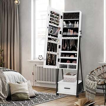 CHARMAID Rolling Jewelry Cabinet with Full Length Mirror, Lockable Standing Jewelry Armoire with Whe...