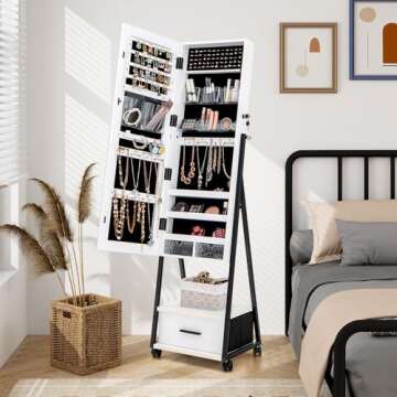 CHARMAID Rolling Jewelry Cabinet with Full Length Mirror, Lockable Standing Jewelry Armoire with Wheels, Steel Legs, Lipstick Brush Storage, Jewelry Organizer Box with Drawers (White)