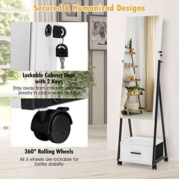 CHARMAID Rolling Jewelry Cabinet with Full Length Mirror, Lockable Standing Jewelry Armoire with Wheels, Steel Legs, Lipstick Brush Storage, Jewelry Organizer Box with Drawers (White)