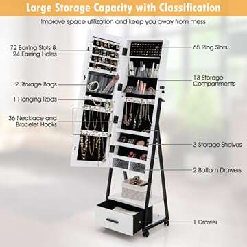 CHARMAID Rolling Jewelry Cabinet with Full Length Mirror, Lockable Standing Jewelry Armoire with Wheels, Steel Legs, Lipstick Brush Storage, Jewelry Organizer Box with Drawers (White)