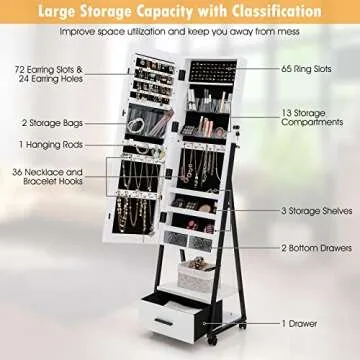 CHARMAID Rolling Jewelry Cabinet with Full Length Mirror, Lockable Standing Jewelry Armoire with Wheels, Steel Legs, Lipstick Brush Storage, Jewelry Organizer Box with Drawers (White)