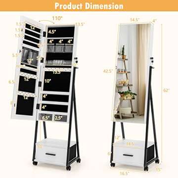 CHARMAID Rolling Jewelry Cabinet with Full Length Mirror, Lockable Standing Jewelry Armoire with Wheels, Steel Legs, Lipstick Brush Storage, Jewelry Organizer Box with Drawers (White)