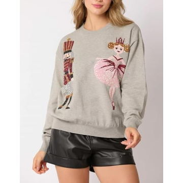 NUFIWI Women Chrisrtmas Sequin Nutcracker Sweatshirts Long Sleeve Cute Sparkly Shirts Xmas Crewneck Pullover Sweatshirts Gray