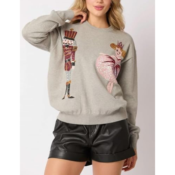 NUFIWI Women Chrisrtmas Sequin Nutcracker Sweatshirts Long Sleeve Cute Sparkly Shirts Xmas Crewneck Pullover Sweatshirts Gray