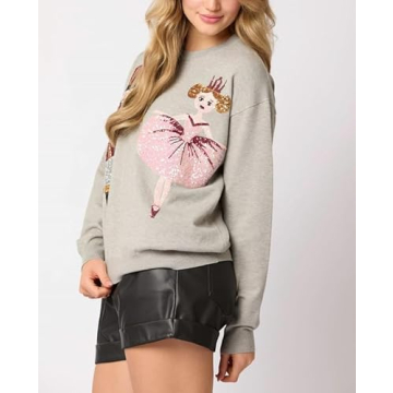 NUFIWI Women Chrisrtmas Sequin Nutcracker Sweatshirts Long Sleeve Cute Sparkly Shirts Xmas Crewneck Pullover Sweatshirts Gray