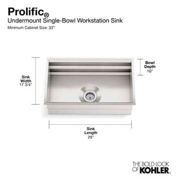 Kohler Prolific 29 inch Workstation Stainless Steel Single Bowl Kitchen Sink with included Accessori...