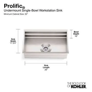 Kohler Prolific 29 inch Workstation Stainless Steel Single Bowl Kitchen Sink with included Accessori...