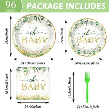 96 Pieces Sage Greenery Oh Baby Shower Party Supplies Boho Tableware Set Baby Shower Decorations Eucalyptus Leaf Theme Dessert Plates Napkins Forks for 24 Guests Boy Girl Birthday Party Favors