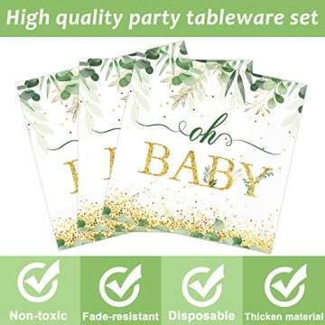 96 Pieces Sage Greenery Oh Baby Shower Party Supplies Boho Tableware Set Baby Shower Decorations Eucalyptus Leaf Theme Dessert Plates Napkins Forks for 24 Guests Boy Girl Birthday Party Favors