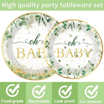 96 Pieces Sage Greenery Oh Baby Shower Party Supplies Boho Tableware Set Baby Shower Decorations Eucalyptus Leaf Theme Dessert Plates Napkins Forks for 24 Guests Boy Girl Birthday Party Favors