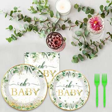 96 Pieces Sage Greenery Oh Baby Shower Party Supplies Boho Tableware Set Baby Shower Decorations Eucalyptus Leaf Theme Dessert Plates Napkins Forks for 24 Guests Boy Girl Birthday Party Favors