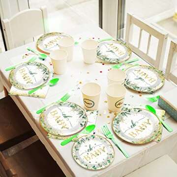 96 Pieces Sage Greenery Oh Baby Shower Party Supplies Boho Tableware Set Baby Shower Decorations Eucalyptus Leaf Theme Dessert Plates Napkins Forks for 24 Guests Boy Girl Birthday Party Favors