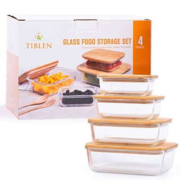TIBLEN 4-Pack Glass Food Storage Containers with Bamboo Lids, Meal Prep Ecofriendly Containers with Lids for Kitchen, Home Use, Safe for Microwave,Freezer, BPA Free (370mL, 640mL, 1040mL, 1520mL)