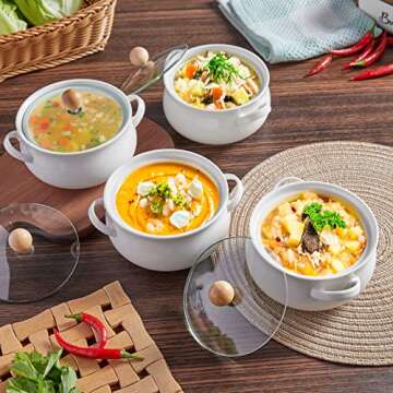 ALELION Small French Onion Soup Bowls, 18 OZ Soup Crocks with Double Handles and Glass Lids, Oven Safe Soup Bowls for Stew Chili Cheese Pot Pie Casseroles, Set of 4, White