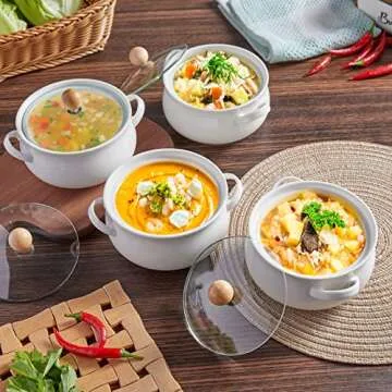 ALELION Small French Onion Soup Bowls, 18 OZ Soup Crocks with Double Handles and Glass Lids, Oven Safe Soup Bowls for Stew Chili Cheese Pot Pie Casseroles, Set of 4, White