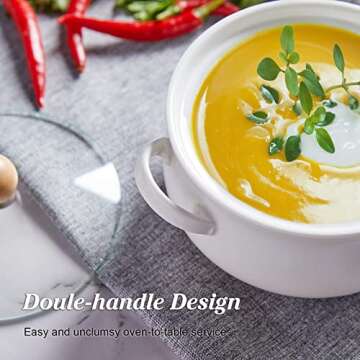 ALELION Small French Onion Soup Bowls, 18 OZ Soup Crocks with Double Handles and Glass Lids, Oven Safe Soup Bowls for Stew Chili Cheese Pot Pie Casseroles, Set of 4, White