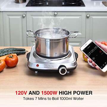 SUNAVO 1500W Hot Plates for Cooking, Electric Single Burner with Handles, 6 Power Levels Stainless S...