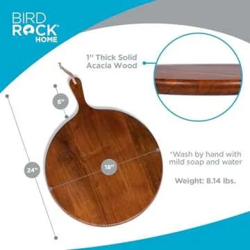 BIRDROCK HOME Acacia Wooden Cheese Serving Board with Handle - Charcuterie, Appetizers, Kitchen Platter, Grazing Board, Pizza, Meat, Bread, Cutting, Party, Food Display Tray - Espresso, 18", Round