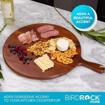 BIRDROCK HOME Acacia Wooden Cheese Serving Board with Handle - Charcuterie, Appetizers, Kitchen Platter, Grazing Board, Pizza, Meat, Bread, Cutting, Party, Food Display Tray - Espresso, 18", Round