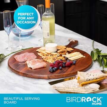 BIRDROCK HOME Acacia Wooden Cheese Serving Board with Handle - Charcuterie, Appetizers, Kitchen Platter, Grazing Board, Pizza, Meat, Bread, Cutting, Party, Food Display Tray - Espresso, 18", Round