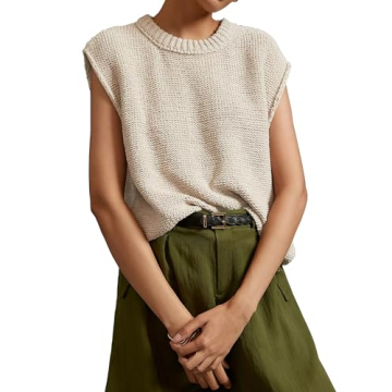 Locachy Women's Vintage Crew Neck Sweater Vest Casual Cap Sleeve Knit Pullover Tank Top Beige S