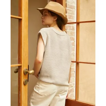 Locachy Women's Vintage Crew Neck Sweater Vest Casual Cap Sleeve Knit Pullover Tank Top Beige S