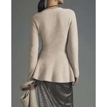 EZAPINE Womens Button Down Peplum Sweater Cardigan Long Sleeve Slim Fit V Neck Lightweight Ribbed Knit Top Khaki