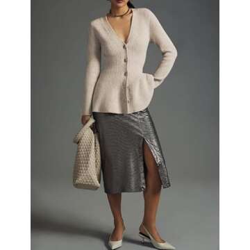 EZAPINE Womens Button Down Peplum Sweater Cardigan Long Sleeve Slim Fit V Neck Lightweight Ribbed Knit Top Khaki