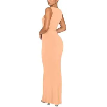 REORIA Women's Sexy Casual Lounge Slip Long Dress Elegant Wedding Guest Sleeveless Backless Ribbed Bodycon Maxi Dresses Peach Fuzz X-Small