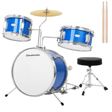 Soulmate Kids Drum Set 3-Piece 14 in Beginner Drum Set with Adjustable Throne, Cymbal, Pedal,8'' Tom 10'' Snare 14'' Bass Drum, Starter Drum Kit For Child age 3-13 Years, Blue