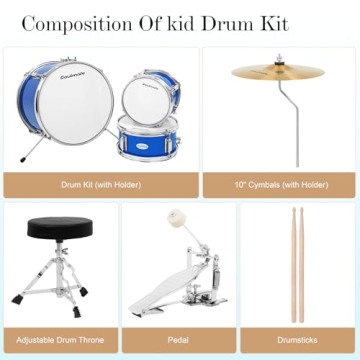 Soulmate Kids Drum Set 3-Piece 14 in Beginner Drum Set with Adjustable Throne, Cymbal, Pedal,8'' Tom 10'' Snare 14'' Bass Drum, Starter Drum Kit For Child age 3-13 Years, Blue