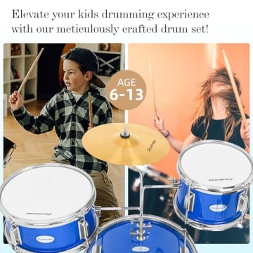 Soulmate Kids Drum Set 3-Piece 14 in Beginner Drum Set with Adjustable Throne, Cymbal, Pedal,8'' Tom 10'' Snare 14'' Bass Drum, Starter Drum Kit For Child age 3-13 Years, Blue