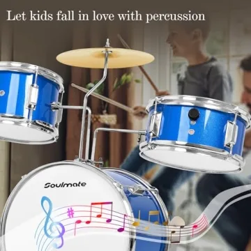 Soulmate Kids Drum Set 3-Piece 14 in Beginner Drum Set with Adjustable Throne, Cymbal, Pedal,8'' Tom 10'' Snare 14'' Bass Drum, Starter Drum Kit For Child age 3-13 Years, Blue