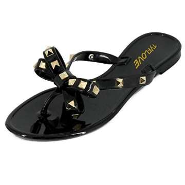 TYFLOVE Women Rivet Flip Flops Studded Jelly Thong Sandals with Bow Summer Bowtie Flat Beach Rain Shoes