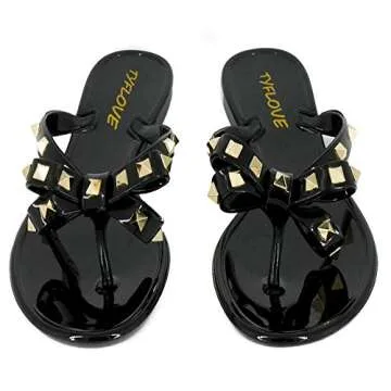 TYFLOVE Women Rivet Flip Flops Studded Jelly Thong Sandals with Bow Summer Bowtie Flat Beach Rain Shoes