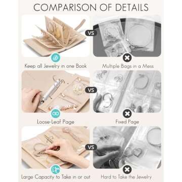 Vlando Travel Jewelry Organizer Case, Valentines Day Gifts,Jewelry Storage Book Ring Binder with Clear Zipper Velvet Pouch Bag for Traveling,Rings,Necklace,Earrings,Bracelets,Brooches-Toffee