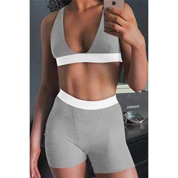 Kafiloe Women 2 Piece Workout Outfit Ribbed Deep V Neck Bra High Waist Bodycon Yoga Short Sets Gym Active Wear Tracksuits Gray M