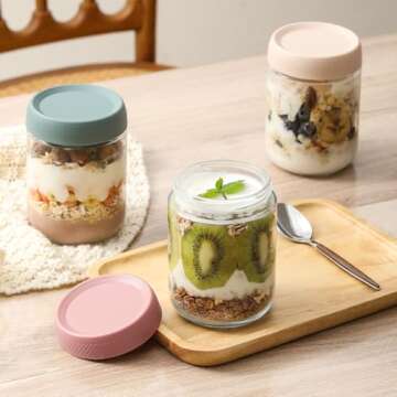 NETANY 4-pack 16oz Glass jars with Airtight Lids, Overnight Oats Containers with Lids, Wide mouth Mason Salad jars, Glass Food Storage Containers for Snacks Yogurt Spice Sugar