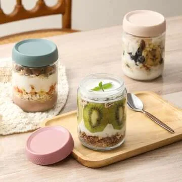 NETANY 4-pack 16oz Glass jars with Airtight Lids, Overnight Oats Containers with Lids, Wide mouth Mason Salad jars, Glass Food Storage Containers for Snacks Yogurt Spice Sugar
