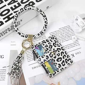 Doormoon Keychain Bracelet, Tassel Key Chain Wristlet Ring Circle Bangle (ID Badge HolderHW White Leopard)