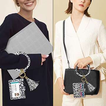 Doormoon Keychain Bracelet, Tassel Key Chain Wristlet Ring Circle Bangle (ID Badge HolderHW White Leopard)