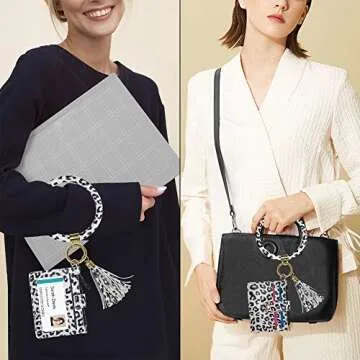 Doormoon Keychain Bracelet, Tassel Key Chain Wristlet Ring Circle Bangle (ID Badge HolderHW White Leopard)