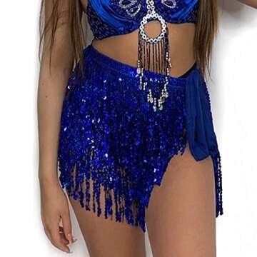 Belly Dance Sequin Tassel Skirt Hip Scarf Belt Mini Skirt Festival Rave Clothing for Women (Dark Blue)