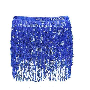 Belly Dance Sequin Tassel Skirt Hip Scarf Belt Mini Skirt Festival Rave Clothing for Women (Dark Blue)
