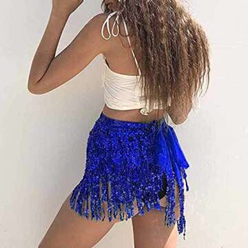 Belly Dance Sequin Tassel Skirt Hip Scarf Belt Mini Skirt Festival Rave Clothing for Women (Dark Blue)