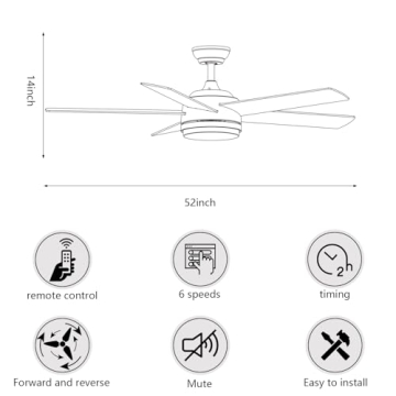 YUHAO 52 Inch Ceiling Fan with Remote and Dimmable LED