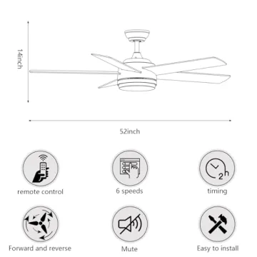 YUHAO 52 Inch Ceiling Fan with Remote and Dimmable LED