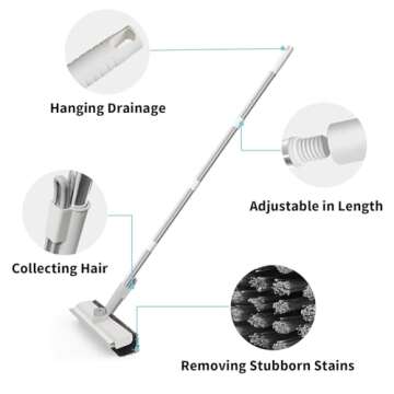 AIR U+ Floor Scrub Brush with Long Handle, 3 in 1 Scrape and Heavy-Duty Stiff Bristle Scrubber Brush for Cleaning Shower Bathroom, Patio, Garage, Kitchen, Wall and Deck