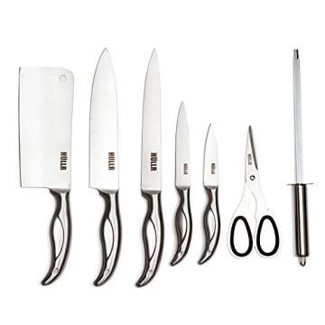 HULLR Premium Stainless Steel Kitchen Knife Set With Rotating Acrylic Stand - 8 Piece set