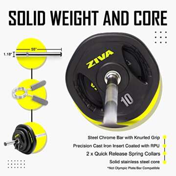 ZIVA RPU Adjustable Studio Barbell Weight Set - 6 RPU Weight Discs, 2-pc Knurled Barbell (1.18"D), 2 x Collars | Bar Fits 1.25" Plates Only | 40 pounds